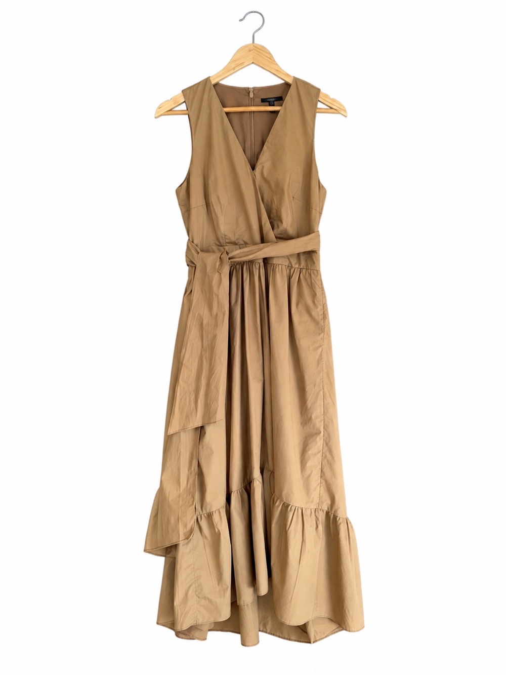 J.Crew Cotton Poplin Faux Wrap Midi Dress Size 4 Camel Tie Belt Ruffle Hem